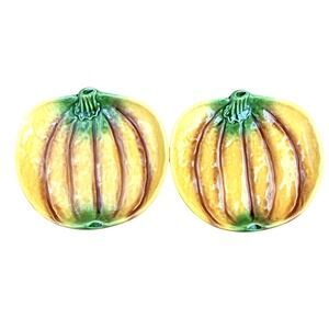 Set of 2 Olfaire Plates Ceramic Pumpkin Shaped Snack Dishes Decor Portugal 8"